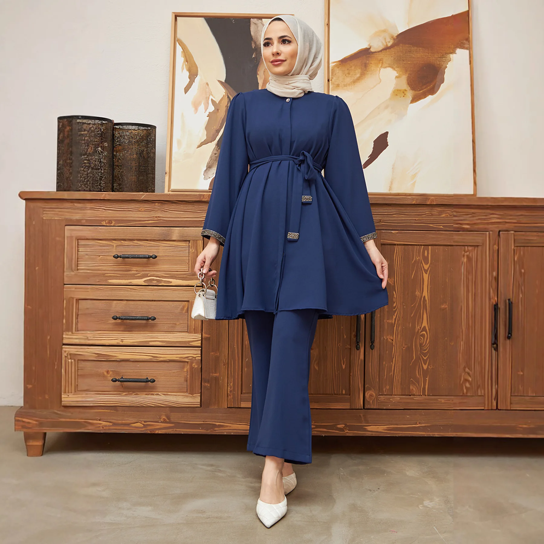 

2PCS Muslim Women Belted Long Sleeve Tops And Pants 2 Piece Set Dubai Abaya Kaftan Outfits Femme Ensembles Musulmans Robe Suits