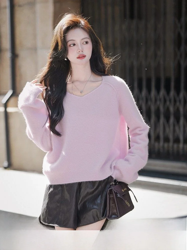 

Шерстяной вязаный свитер из смешанного меха с v-образным вырезом, однотонный женский осенний свитер свободного покроя для поездок на работу, длинный топ све Crew Ne