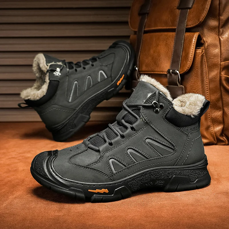 Waterproof Outdoor Men Boots Motorcycle Winter Men's Genuine Leather Soft Leather Plush Warm Snow
