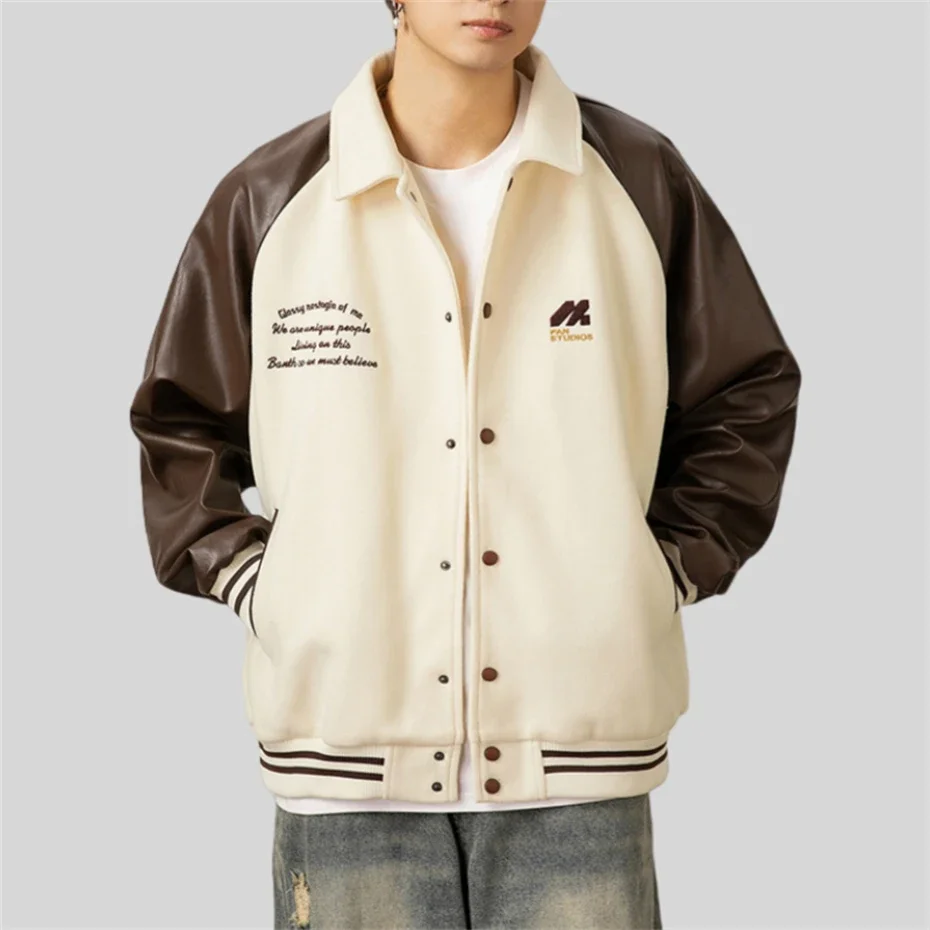 PU Leather Jacket Men Harajuku Baseball Jacket Coat Men Streetwear Hip Hop Oversized Embroidery Patchwork Snap Button Jackets