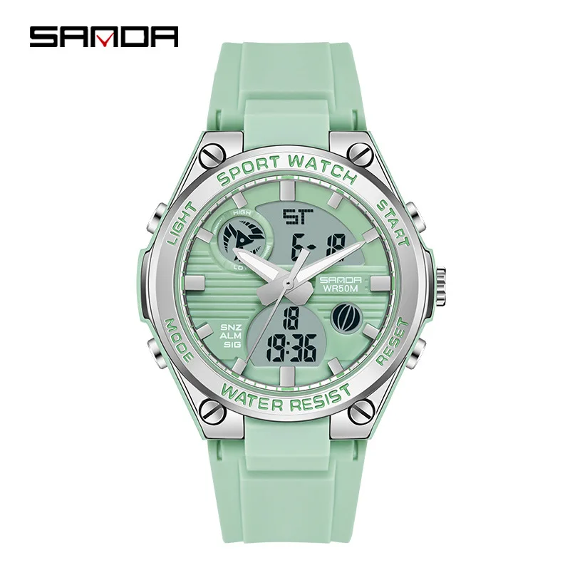 Sanda 6067 Dames Elektronisch Horloge Mode Creatieve Macaron Sport Lichtgevende Chronograaf Dual Display Siliconen Dames Horloges