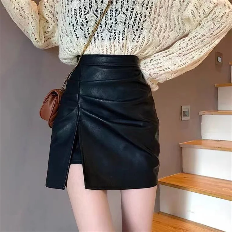 Sexy Side-slit PU Leather Mini Skirts Women Slim High Waist Anti Glare A-line Buttocks Wrapped Shorts Ladies Office Solid Skorts