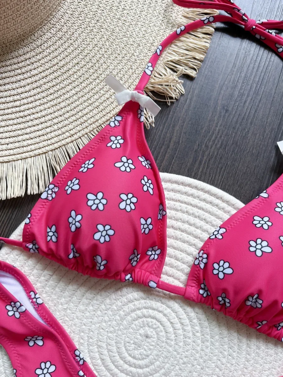 Swimsuit Women's Rose Red Flower Print Sexy 2 Pieces Bikini Set Triangle Halter Backless Thong Beach Bathing Suit 2025 New Style