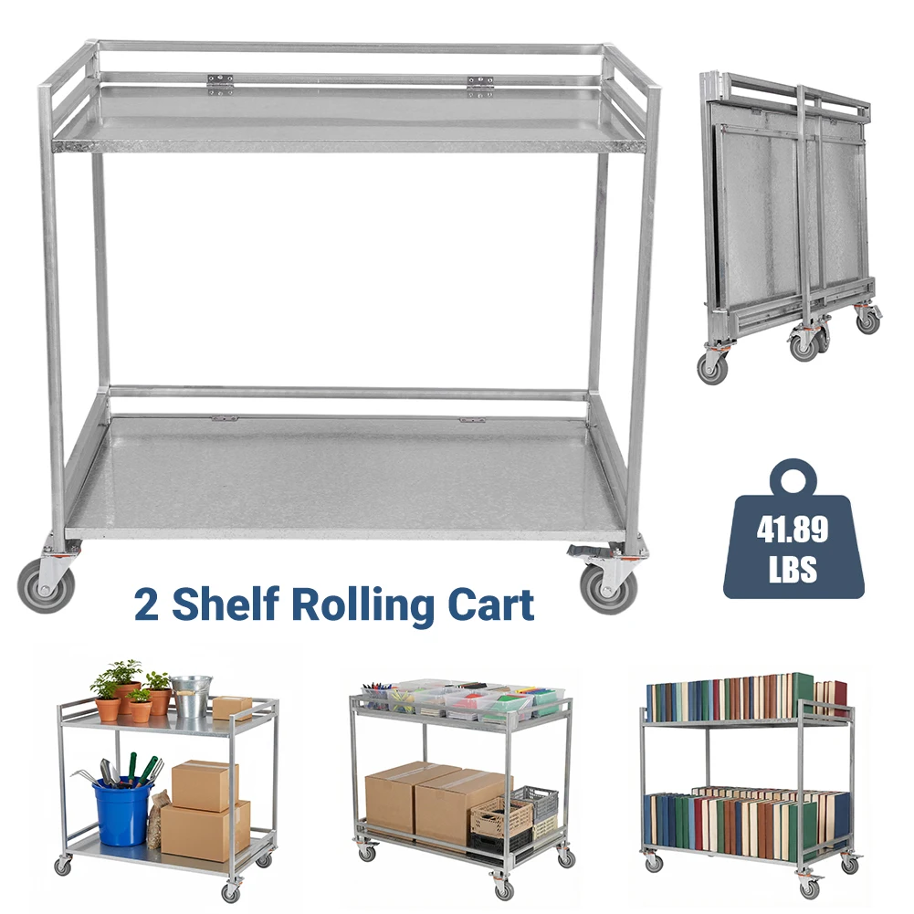 

2 Shelf Rolling Cart Foldable Hand Truck with Wheels 660lbs Capacity with Handle for Warehouse/Garage/Cleaning/Manufacturing