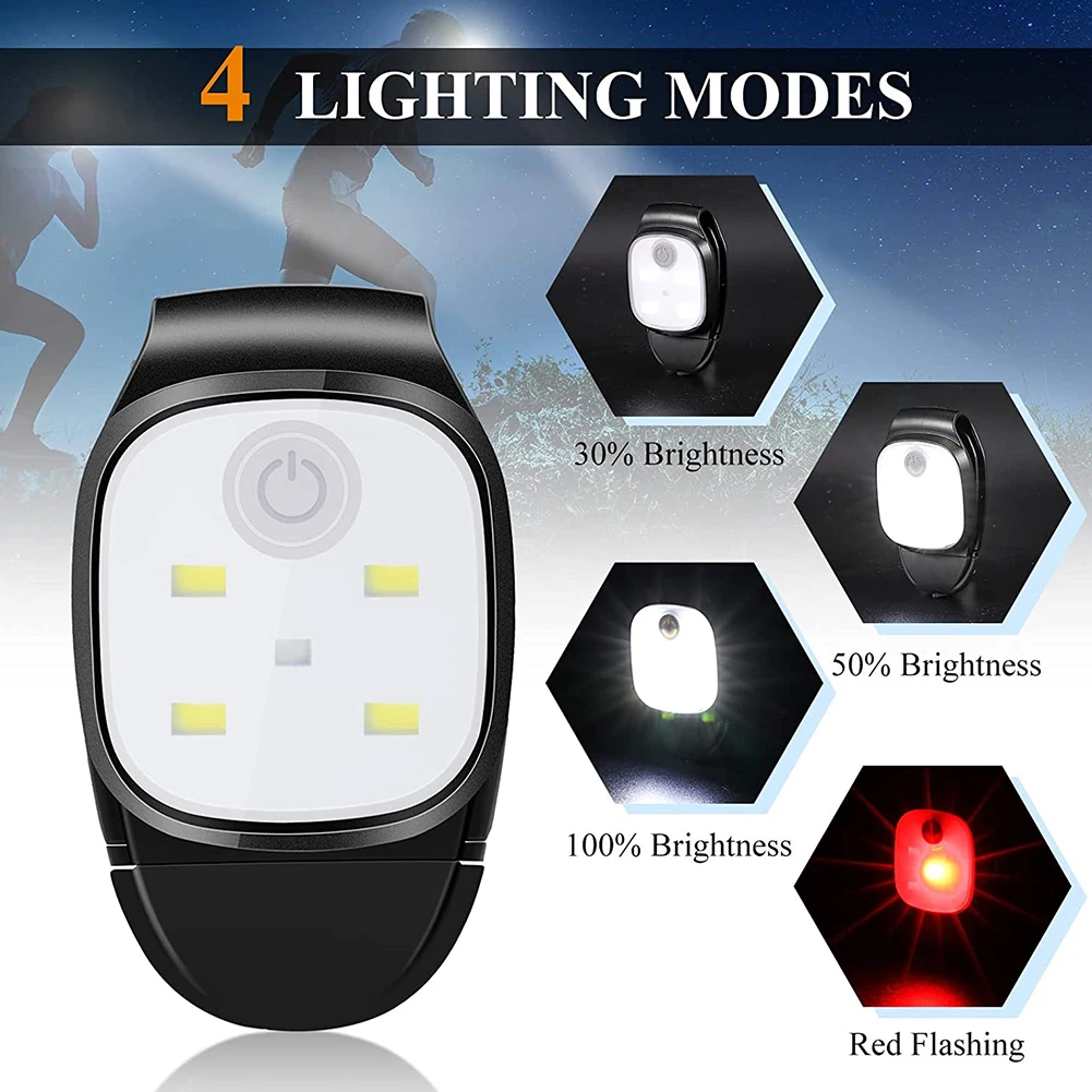 LED Clip Light 4 Lighting Modes Clip On Light Safety Warning for Jogging Night Walking for Fishing Hiking USB Rechargeable