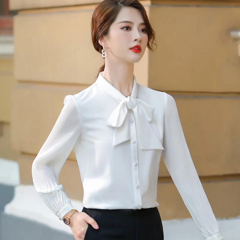 

Women Chiffon Shirt Design Satin Grace Ribbon Leisure Bow Pink Lantern Sleeves Premium Silk Top Fashion Jacket Summer 2023 Loose