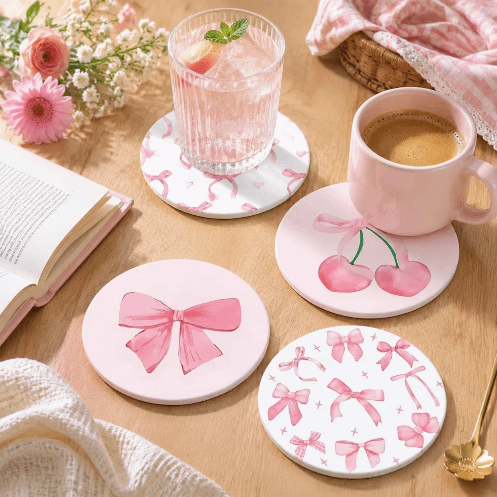 4/6pcs Cute Round Wooden Drink Coaster Waterproof Non-Slip Insulation Pad Heat-Resistant Bow Coffee Cup Mat For Coffee Table