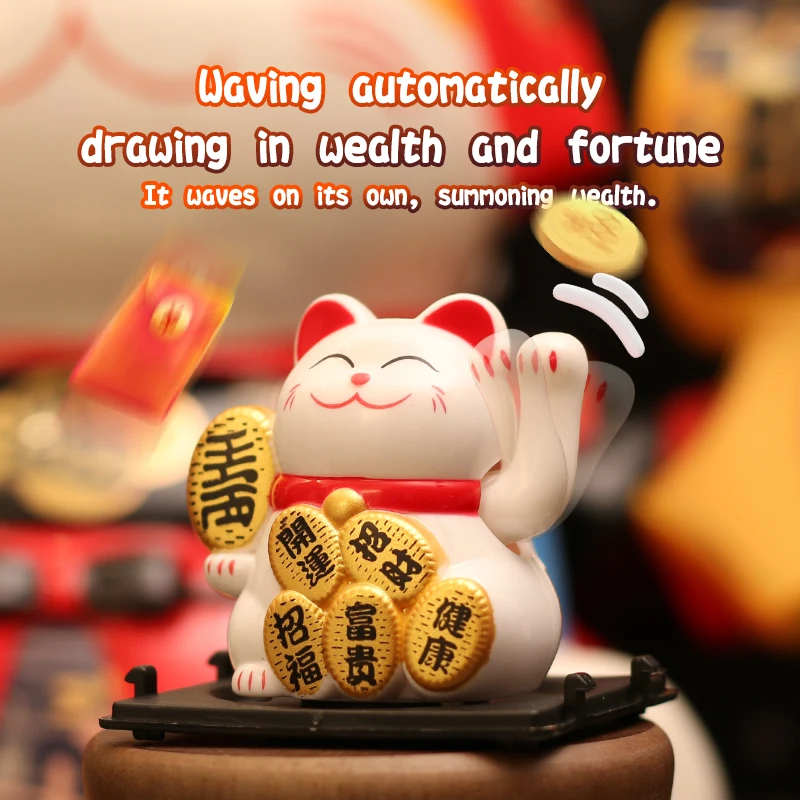 Solar Powered Maneki Neko Lucky Cat Welcoming Chinese Lucky Cat Waving Hand Beckoning Fortune Cat Figurines For Home Decor