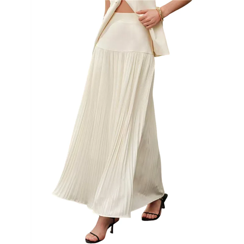 

AG-Women's High Waist Flowing Pleated Patchwork Skirt Chiffon Hem A-Line Casual Maxi Skirt