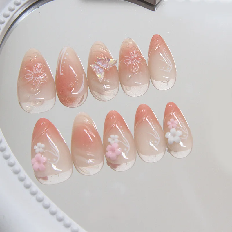 24pcs Wearablr Almond False Nail Tips Blush Pink Press On Nails con 3D Flower Butterfly Decor patch per unghie finte rimovibili