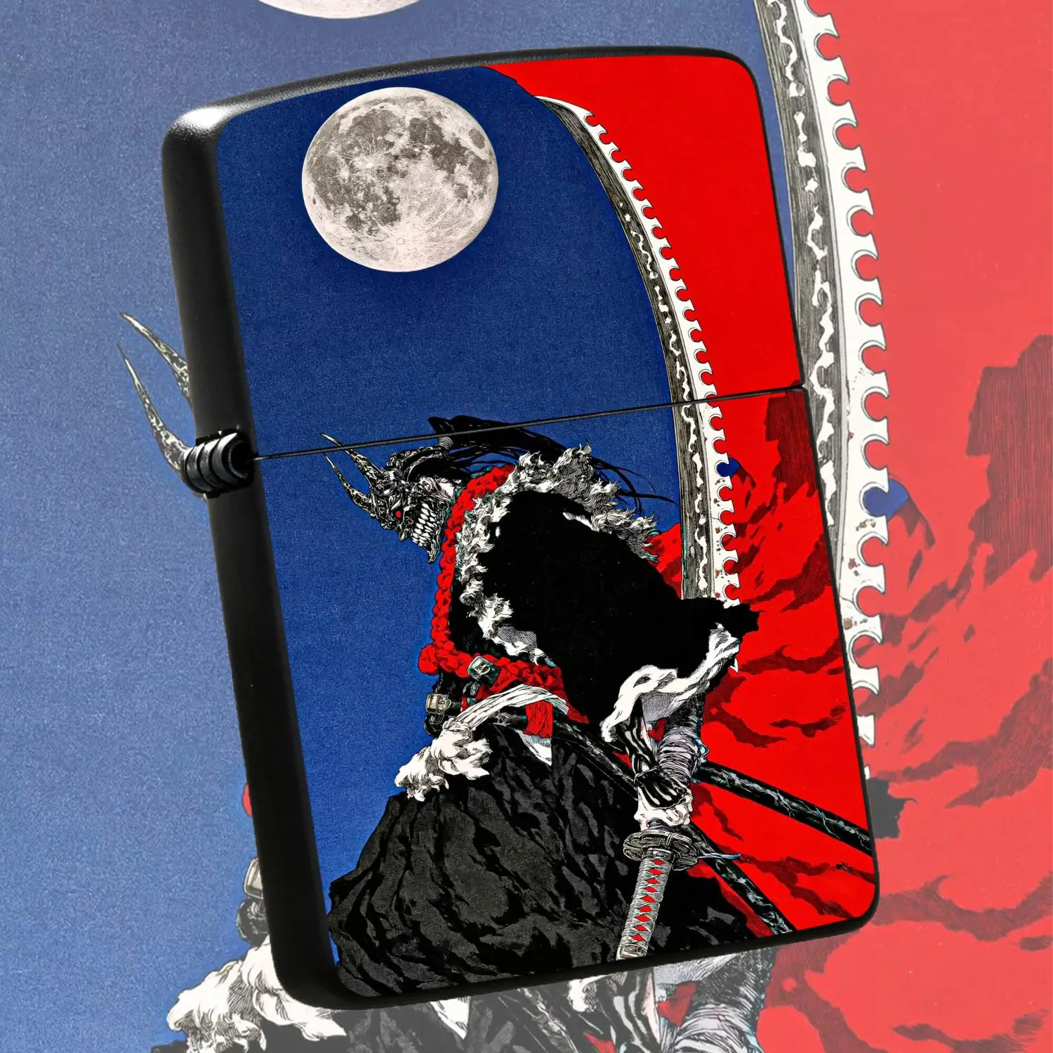 Japanese Oni Samurai Themed Lighter Ukiyo-E Full Moon Red Night Art Stylish Portable Igniter Versatile Daily Outdoor Use Ideal Gift For Hobbyists Collectors Multi-Scene Practical Trendy Accessory A Humorous And Interesting Lighter