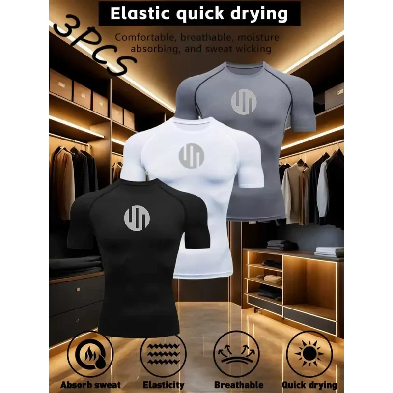 3PCS Men's Quick-Dry Moisture-Wicking Compression Shirts – High-Elastic Breathable Fabric with Geometric Pattern, Portable &