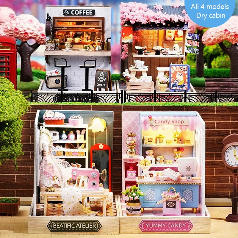 Cute Room DIY Cottage QT Serie Miniature Landscape Cherry Blossom Noodle Shop Coffee Time Delicious Candy Wooden Craft Dollhouse