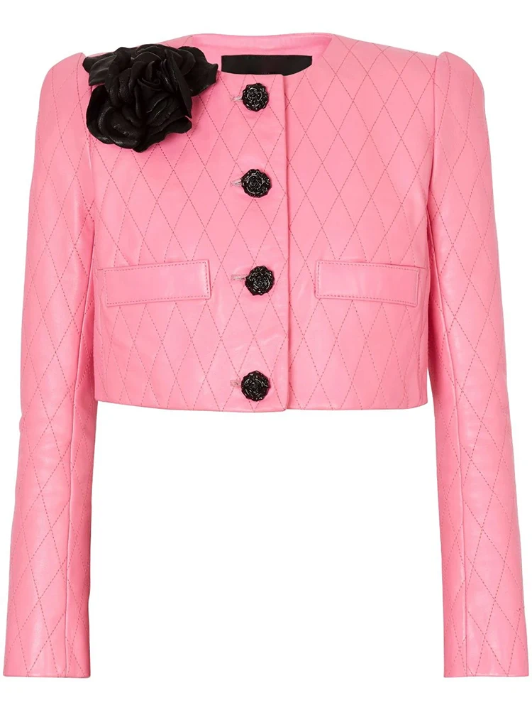 HIGH STREET-chaqueta de cuero recortada con rombos para mujer, chaqueta de diseñador con botones rosas, apliques de flores, moda más nueva de 2024