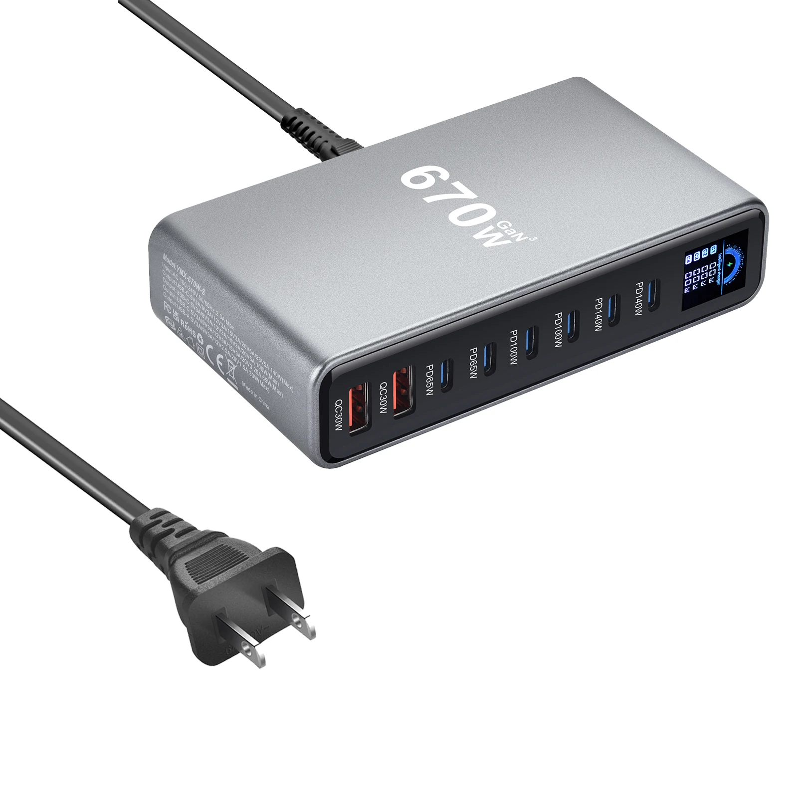 Neues 670W GaN-Ladegerät mit Display, Desktop-Schnellladestation, 140W USB-C-Anschluss, 8-Port-Ladegerät, geeignet für Handys, Tablets. – Detail 8