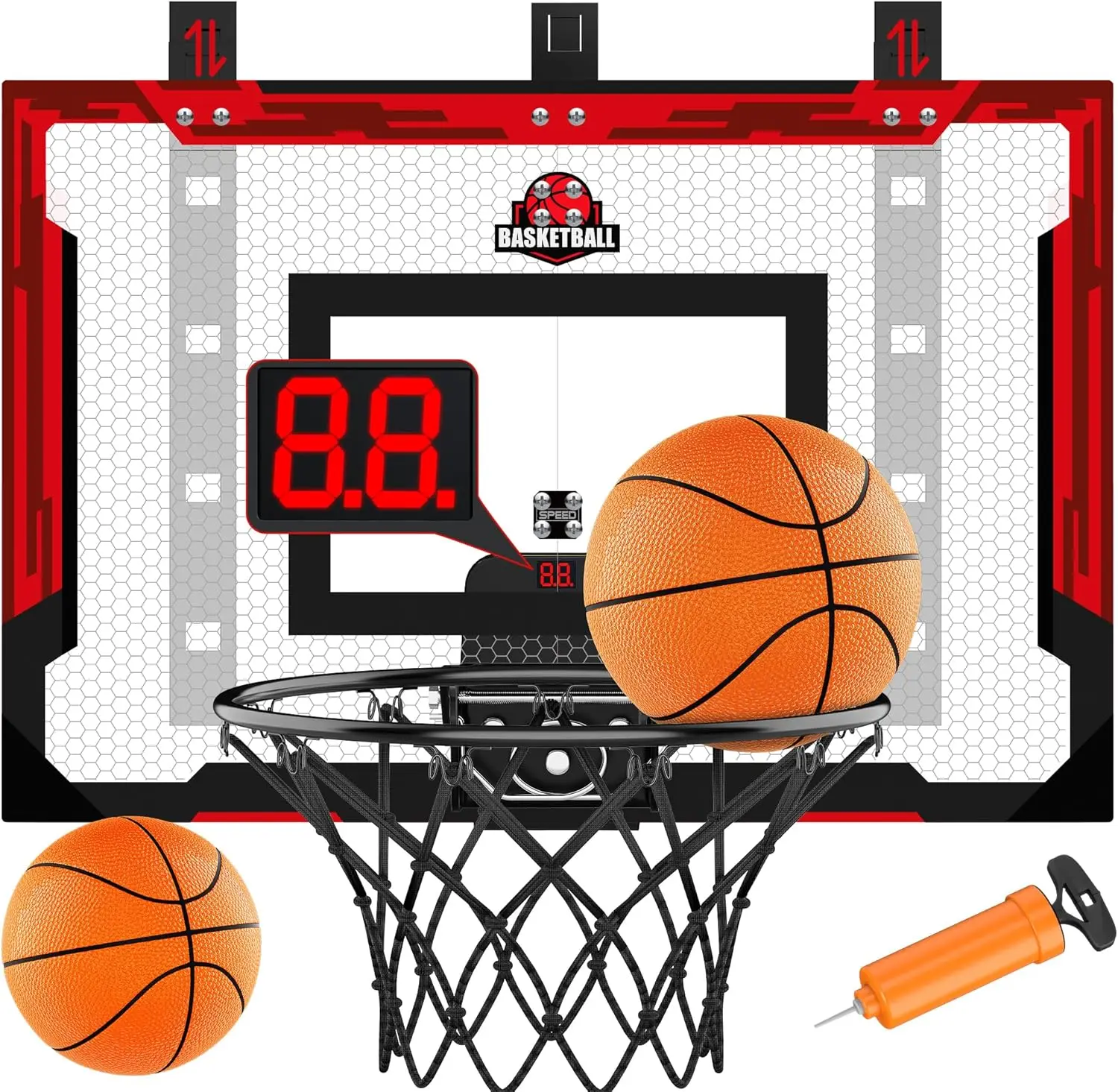 

Баскетбольное кольцо для дома 24x16 дюймов - регулируемая высота, с табло и мячами, красная игрушка для всех возрастов