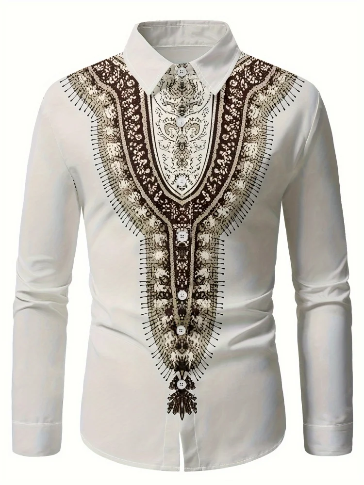 

2025 Мужская классическая рубашка с 3D этническим принтом, классический воротник, рубашка на пуговицах с длинными рукавами, стильная повседневная мужская рубашка большого размера 5XL