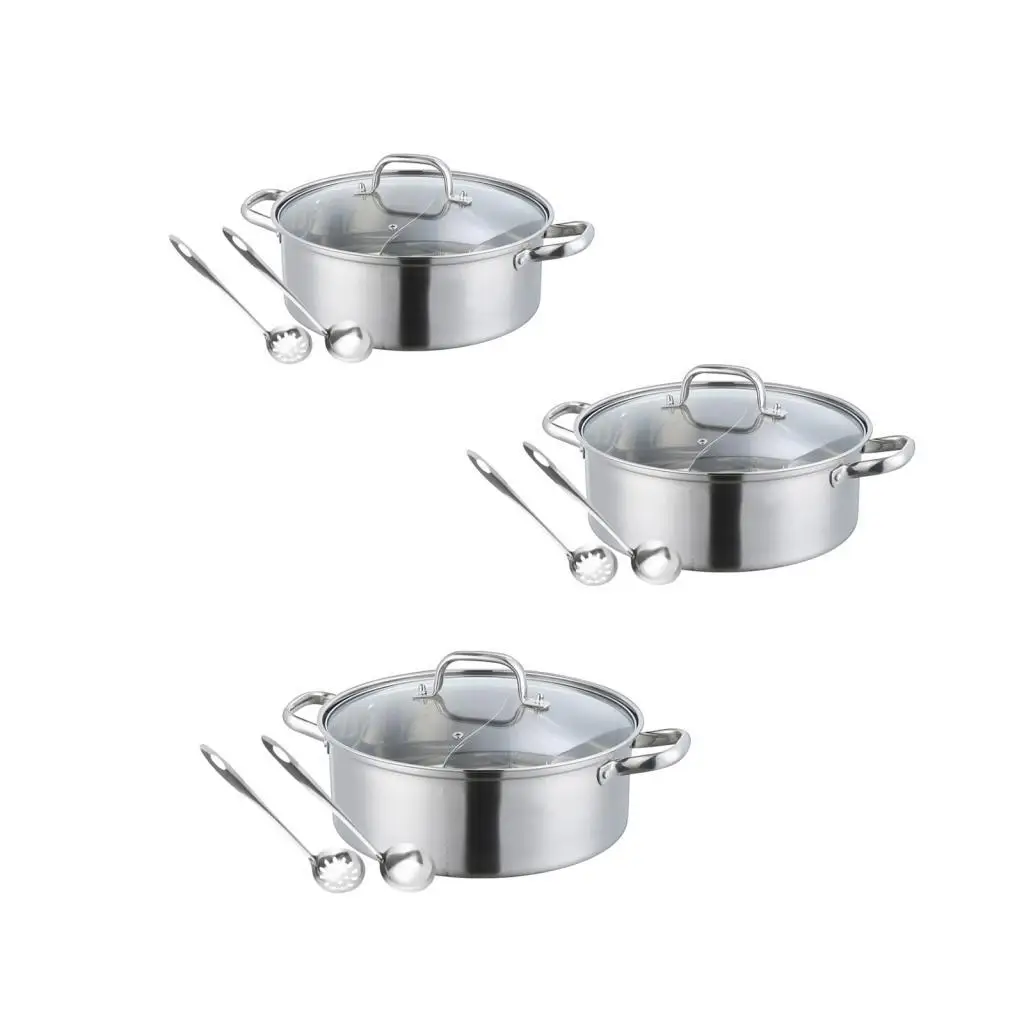 

Stainless Steel Shabu Shabu Hot Pot Kitchenware Cookware Glass Lids Two Flavor Soup Pot with Spoons for Restaurant Home Party