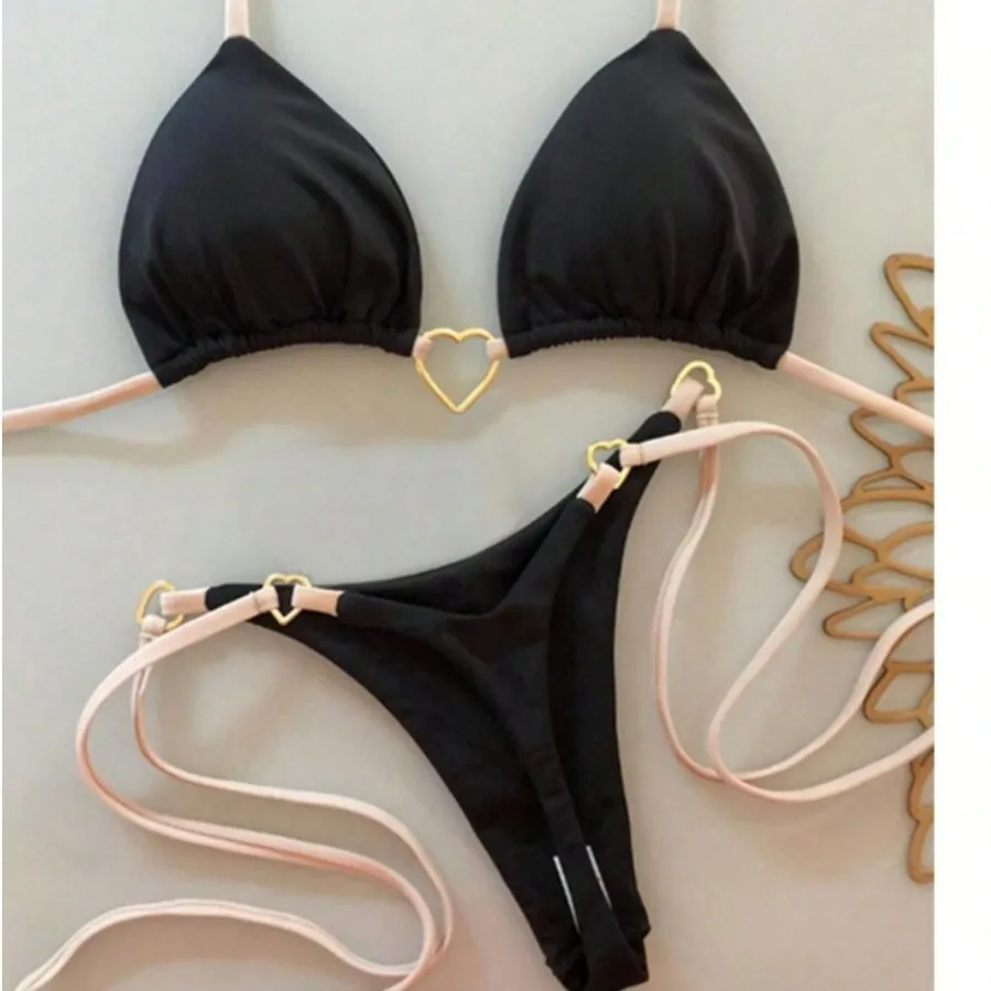 

Sexy Heart Ring Linked Bikinis Women Side String Thong Swimsuit Brazilian Bikini Swimwear Padded Bandage Bathing Suit Beach Wear