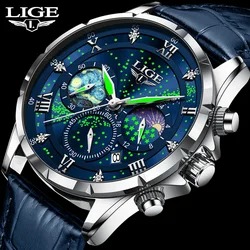 LIGE Creative Starry Night Men Watch Moon Phase Quartz Wristwatches Business Belt Watch for Man Luminous Waterproof Male Clock
