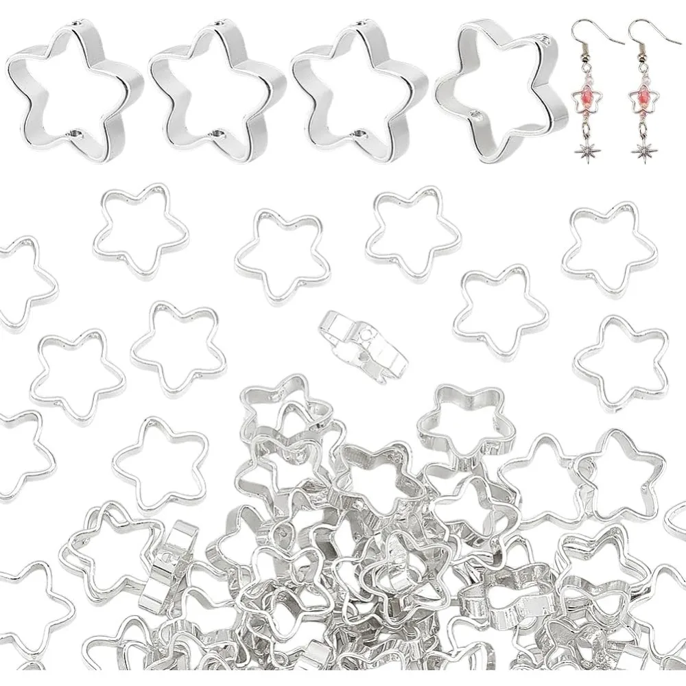 

120pcs Star Bead Frames 9.5mm Brass Focal Beads Double Hole Beads Frames Beadable Focal Frames Spacer Beads Silver making kit