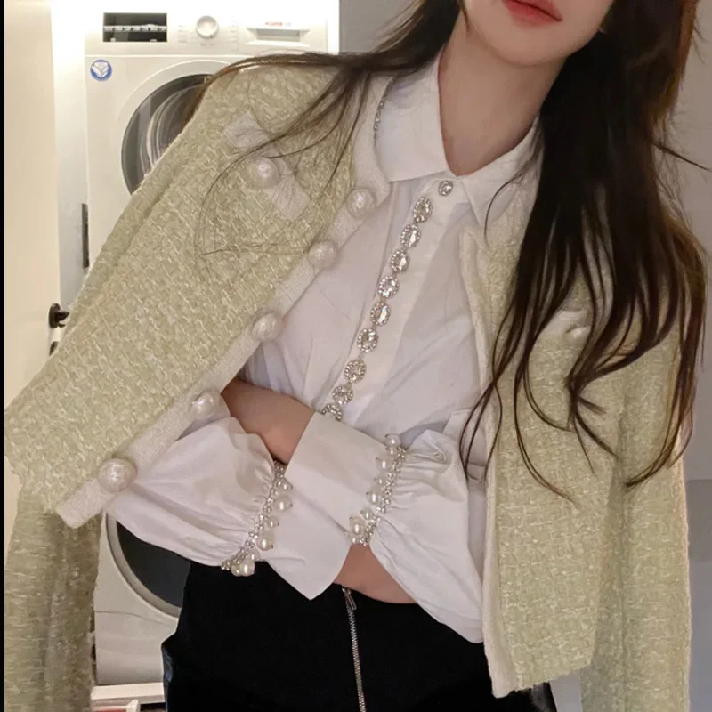 Female Spring 2024 New Diamond Top Beaded Bubble Sleeves Blouse Roupas Femininas Rhinestone White Shirt Blusas Mujer Loose