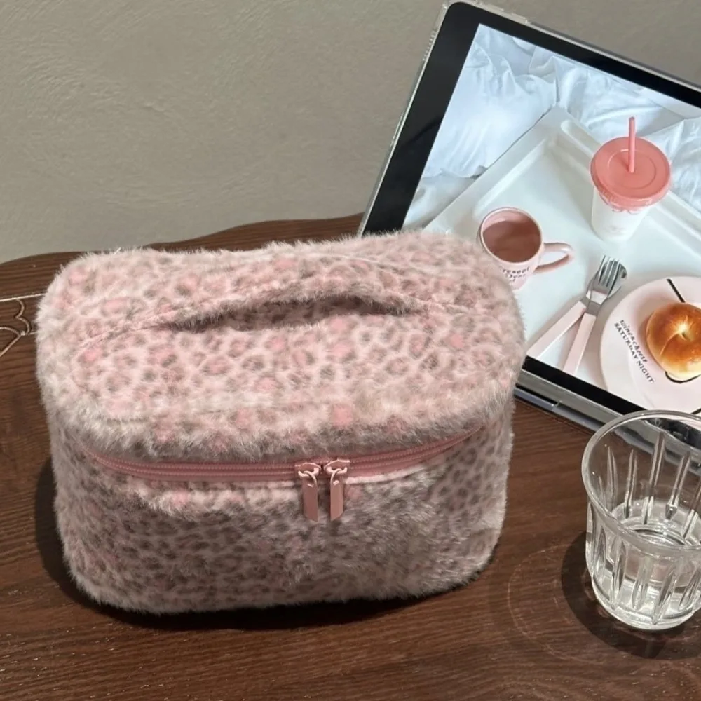 Portable Pink Leopard Print Makeup Bag Top Handle Zipper Cosmetic Bag Large Capacity Smooth Material Plush Toiletry Organizer