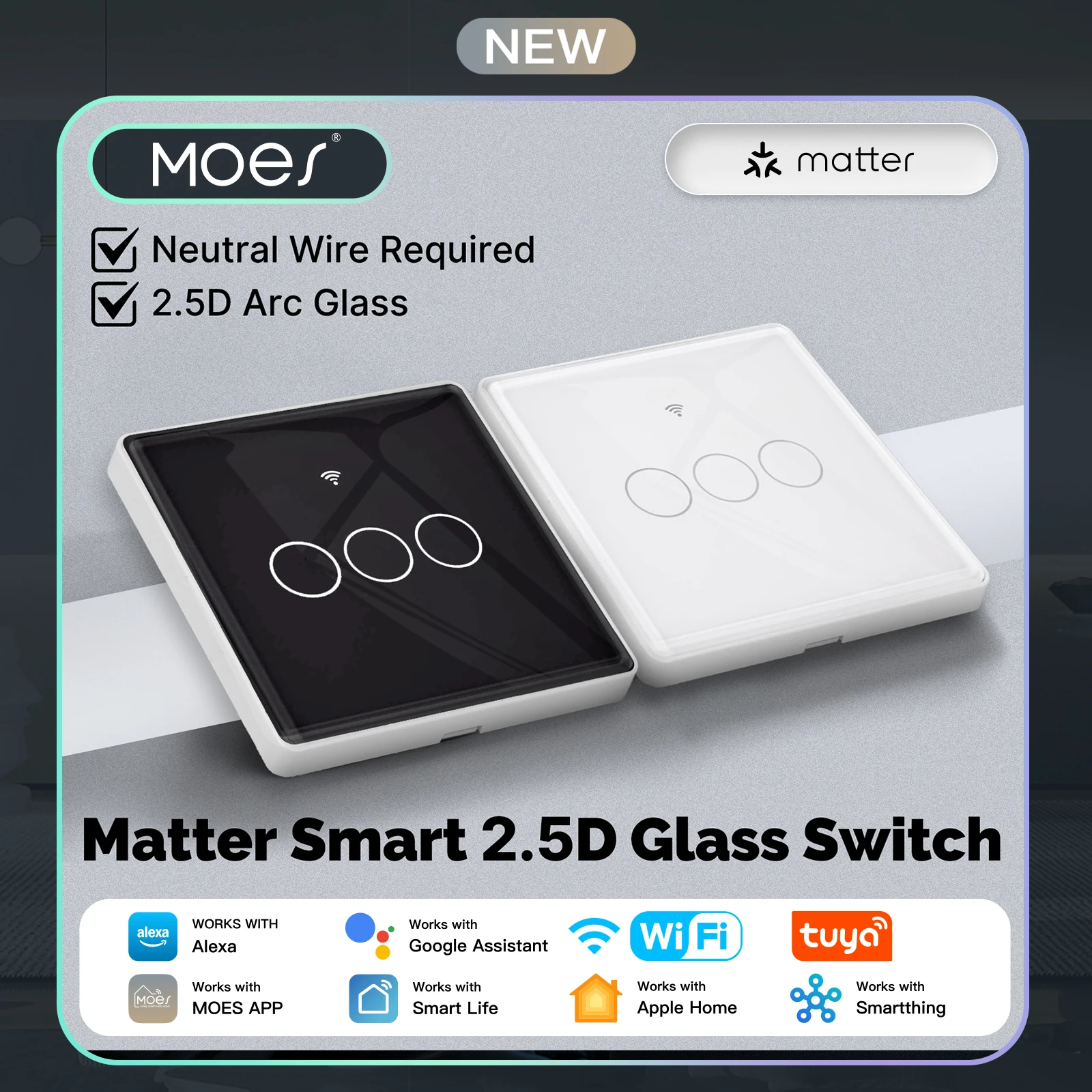 

MOES Smart Light Switch EU,Matter over WiFi,2.5D Glass Panel,Compatible with Apple HomeKit,Alexa,Google Home,Neutral Wire Needed