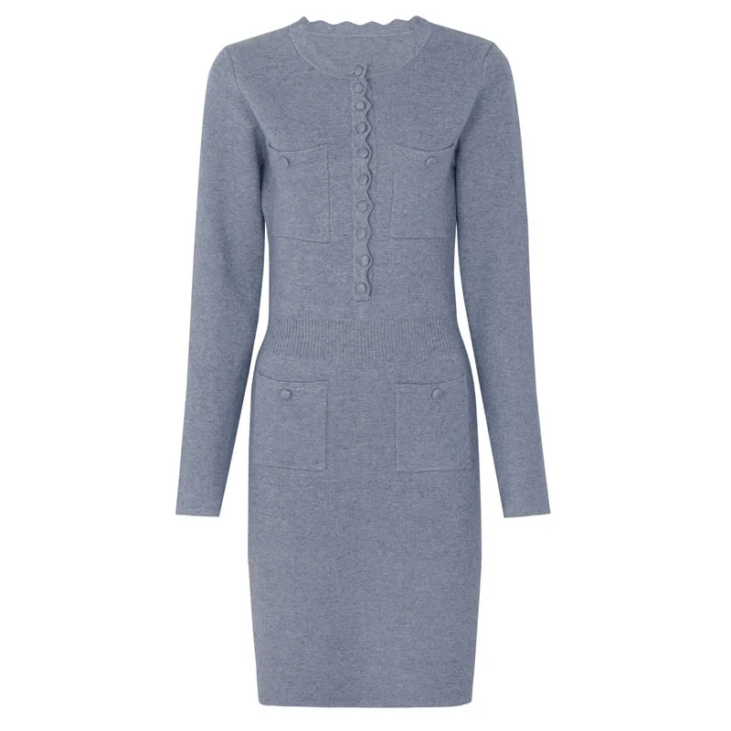 

Women Knitting Cotton Dress O-Neck Long Sleeve grey Dress