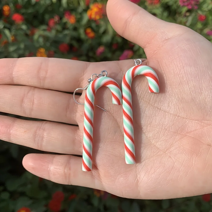 Cute Colour Candy Cane Crutch Earrings Christmas Nordic Style Handmade Weaving Red Color Santa Jewel Accessories Christmas gifts