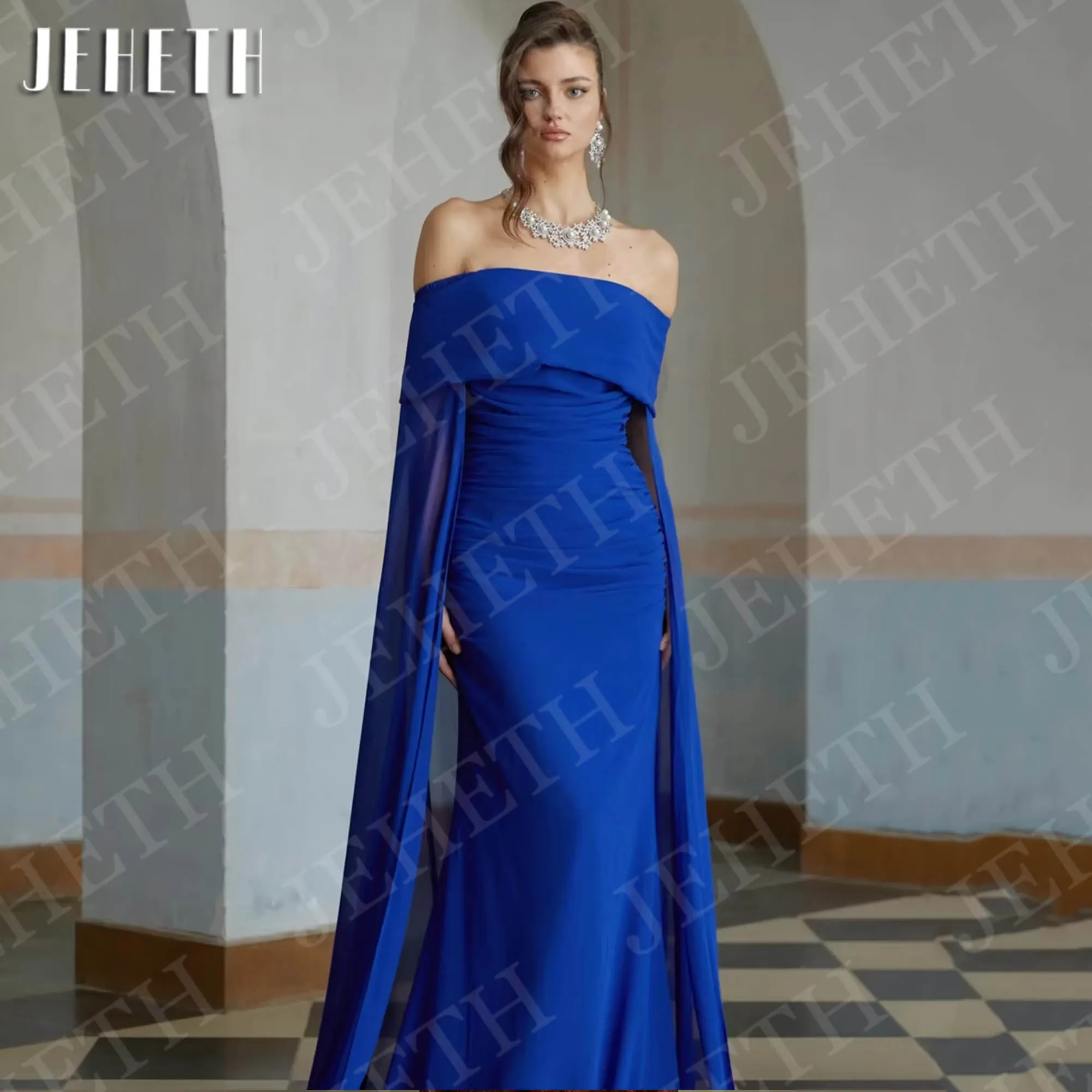 فساتين سهرة جميلة بحورية البحر من JEHETH عصرية مكشوفة الكتف من الشيفون الأزرق الملكي للحفلات الرسمية مخصصة من Fساتين سهره حورة البحر جميلة فساتين المساء الحديثة خارج الكتف الملكي الأزرق الشيفون رسمي فستان الحزب مخصصة