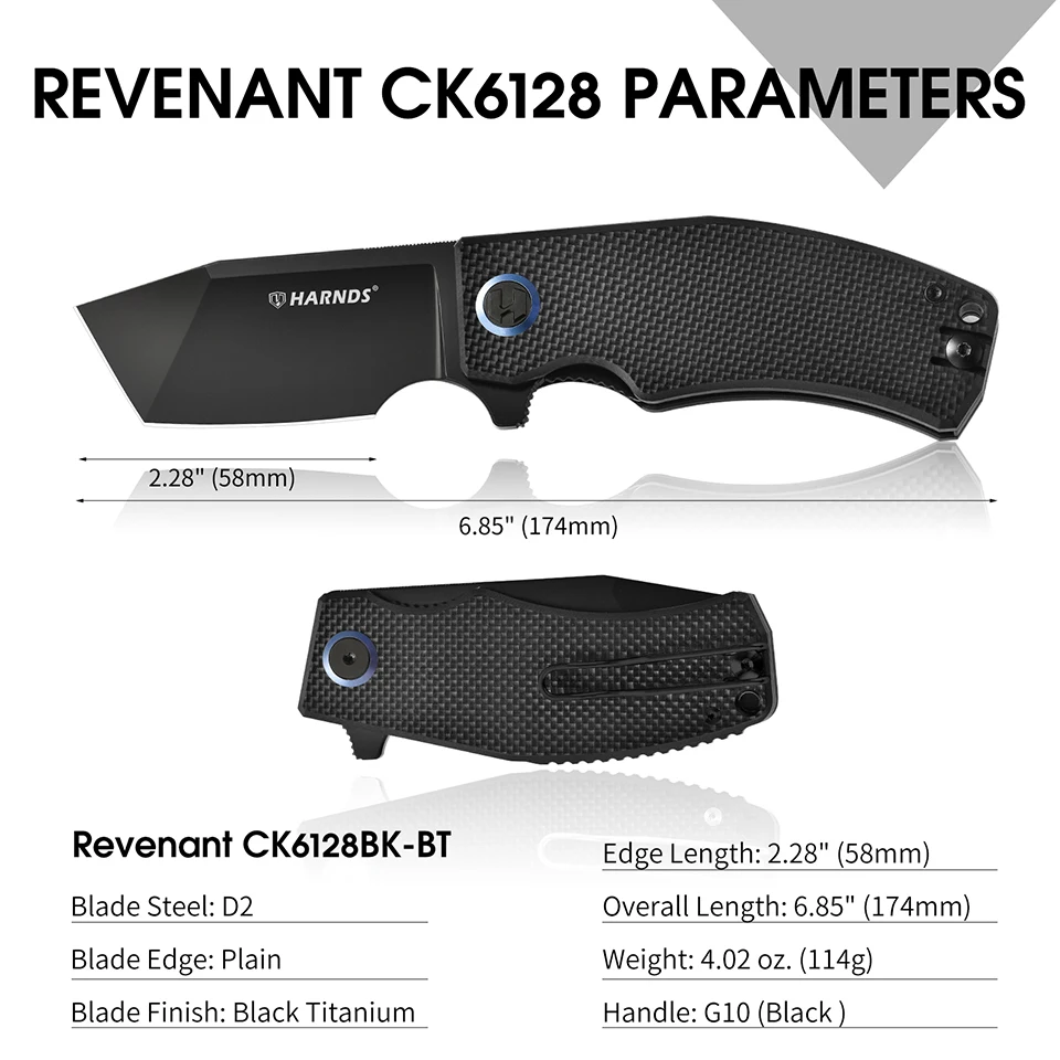 Harnds Revenant CK6128 Pocket Knife G10 Handle,D2 Steel Tanto Blade EDC Knife with Pocket Clip, Sharp Survival Hiking Knives - view 2