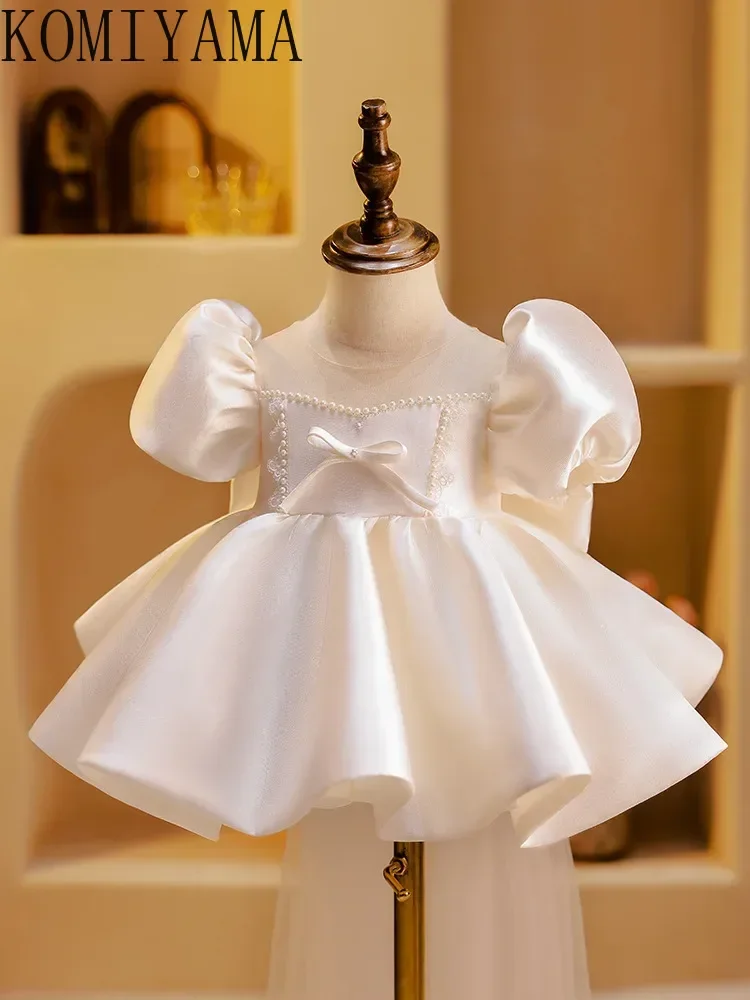 Customized V-back Simple Elegant Flower Girls Dresses O-neck Bow Trailing Design Baby Girl Birthday Robe Puff Sleeve Pleated Pri