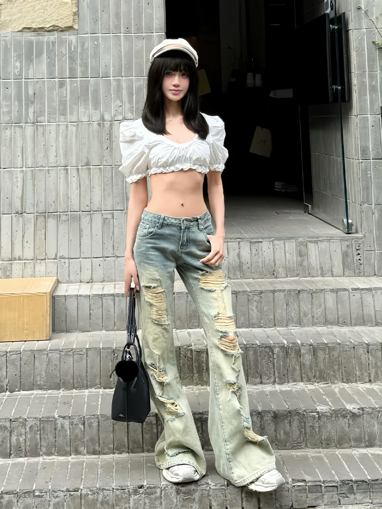 

Retro Distressed Straight Leg Jeans Women's Summer Loose Fit Casual Bell Bottoms plus Size Denim Pants Low Waist Zipper Closure