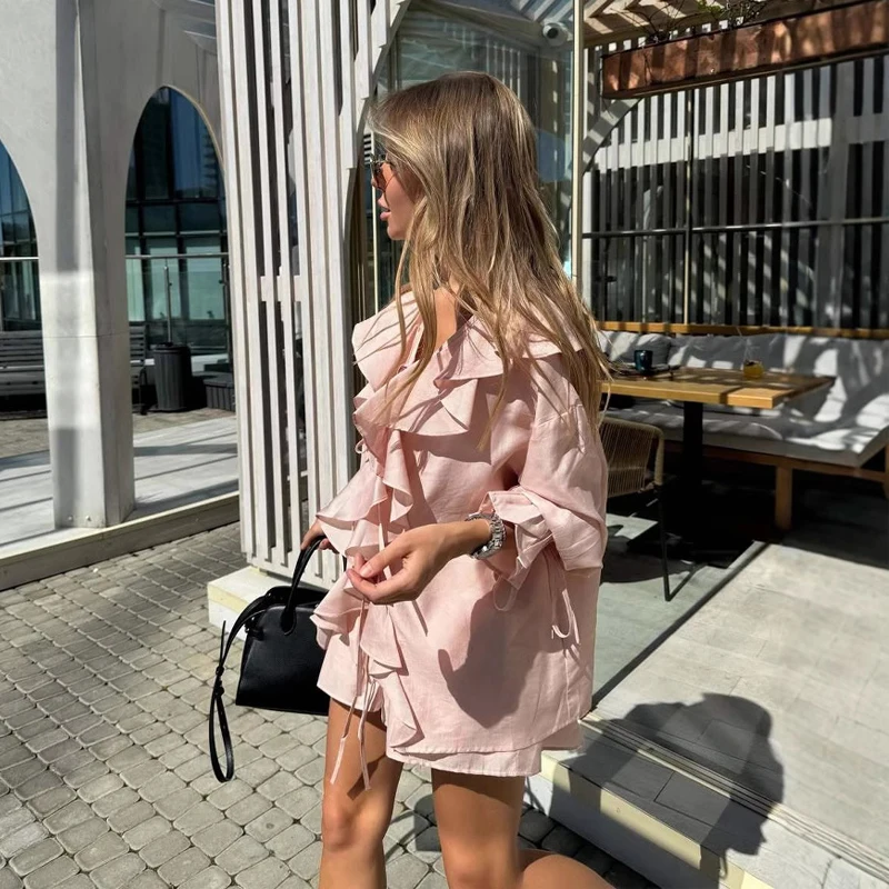 Women Summer Loose Two Pieces Set Solid Color Lotus Leaf Edge Shirt Top Lace Up Casual Short Suit Lady Holiday Outfit New Suits