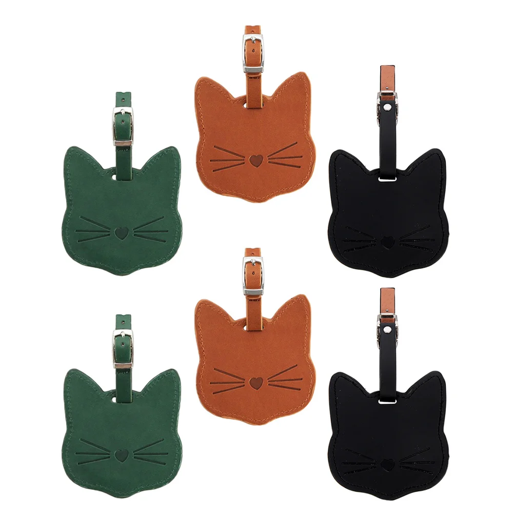 

6pcs Cat Shape Luggage Tags Cute Pu Travel Id Labels For Suitcase Backpack Baggage Name Card Holder Adjustable Strap Waterproof