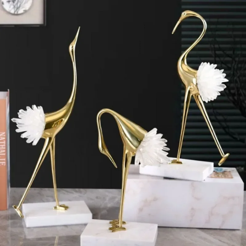 Creative Resin Ornaments Crane Golden Bird Crystal Agate Marble Address Simulation Animal Crafts Furnishings Home Decoration