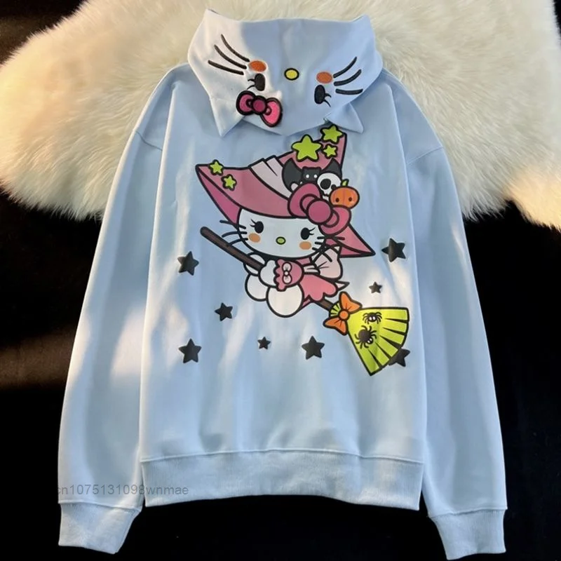 Hooded Zipper Sweatershirt for Women, Loose Oversize Coat, Halloween, Flying Broom, Hello Kitty, Sanrio, Cute, Fashion Hoodies