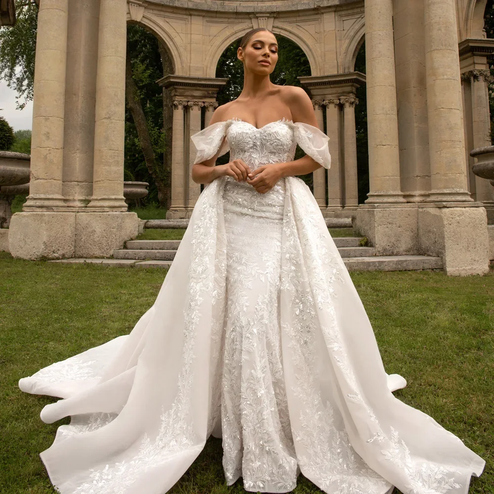 فستان زفاف فاخر مخصص بدون أكتاف حورية البحر رائع على شكل قلب مزين بالخرز فستان العروس الأميرة فيستدو دي نويفا