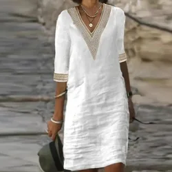 Women Cotton Linen Dress 2023 Summer Sexy V-neck White Dress  Elegant Luxury Casual Solid Color Mid-Sleeve Female Y2k Streetwear