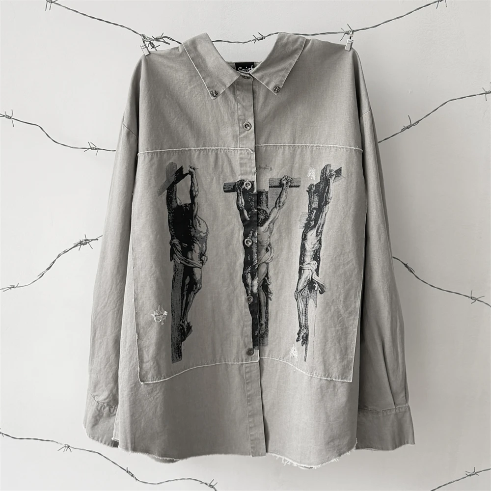 

Three Jesus Saint Long Sleeved Suffering and Rebirth Shirts Men Women Hole Oversize Shirt