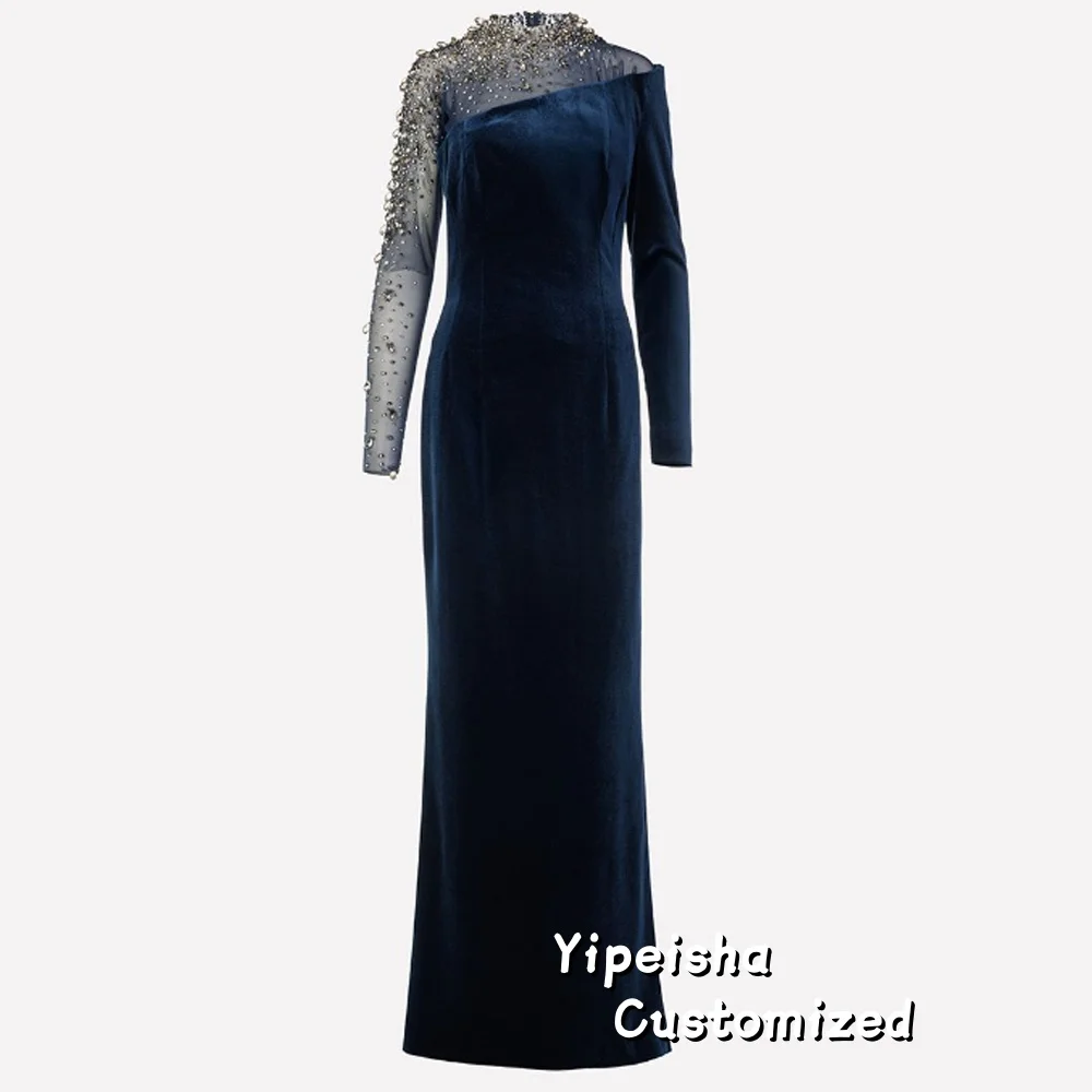 Customized Velour Long Slevees Round Neck Evening Dress Crystals Beading Floor Length Special Occasion Saudi Prom Gown