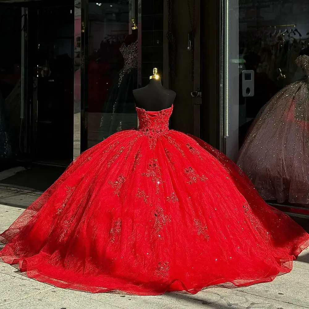 Red Beading Crystal Ball Gown Quinceanera Dresses With Jacket Appliques Lace Sweet 15 Birthday