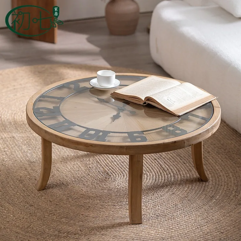 

Medieval style living room creative clock coffee table with glass Japanese solid wood sofa edge few cafe retro small round table