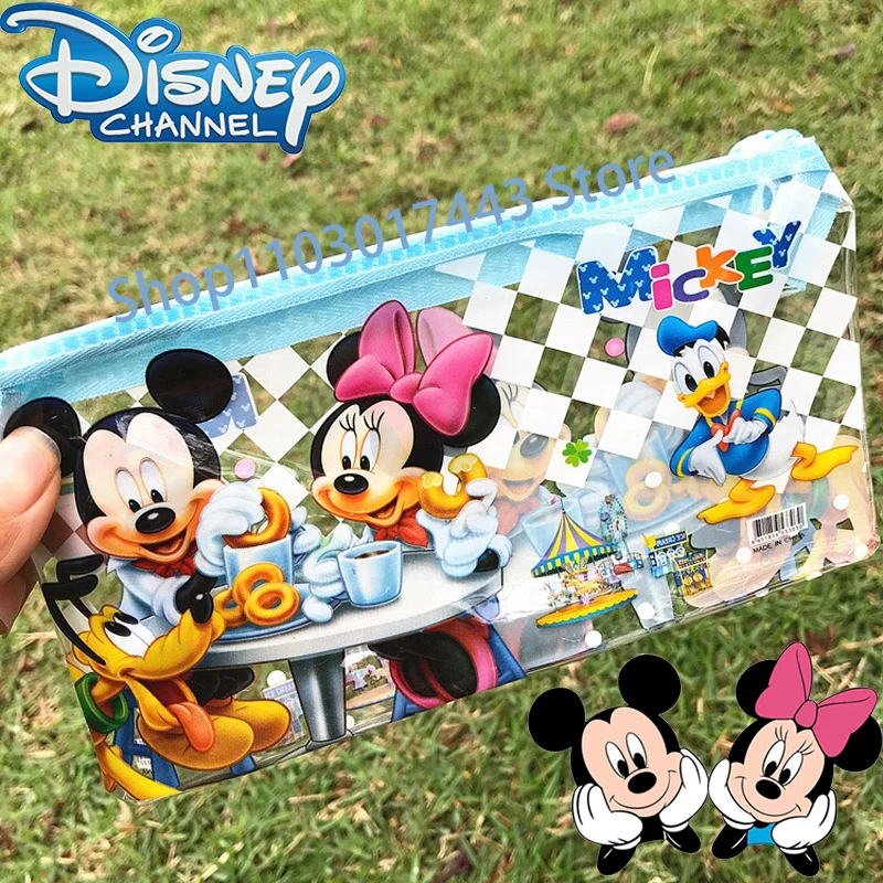 Disney Pencil Case Cartoon Grid Zipper Ins Cute Girl Elementary School Student Waterproof Transparent School Supplies Pencil Bag