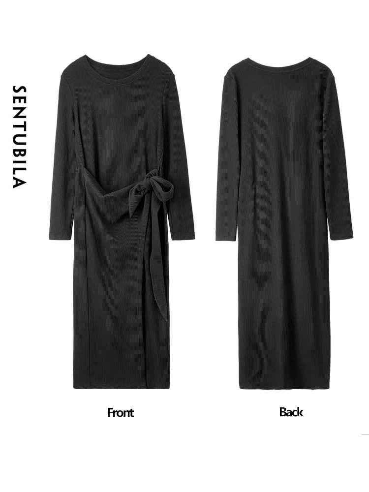 SENTUBILA Black Split Knitted Dress for Women Knitwear 2024 Autumn Fall High Quality Elegant Tie Belt Midi Slit Dress Q23L45144