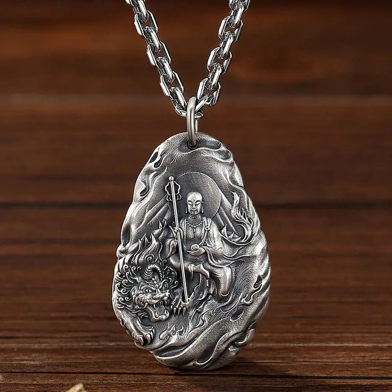 

S999 Стерлингового Серебра Ksitigarbha Bodhisattva Кулон Мужской Уникальный Модный Твердый Винтаж Буддийский Амулет Ожерелье Подарок для Мужчин