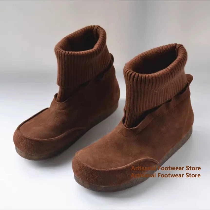 

Retro Elastic Socks Boots Genuine Leather Big Round Toe High Top Boots Cowhide Casual Shoes Soft Soled Soft Sole Men's Boots