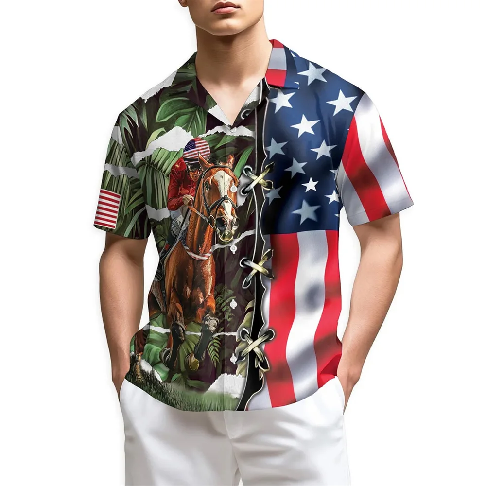 

America 250th Holiday Theme 3D Print Hawaii Shirt Men Clothing Lapel Short Sleeve Loose Shirts Street Casual Daily Flag Pattern