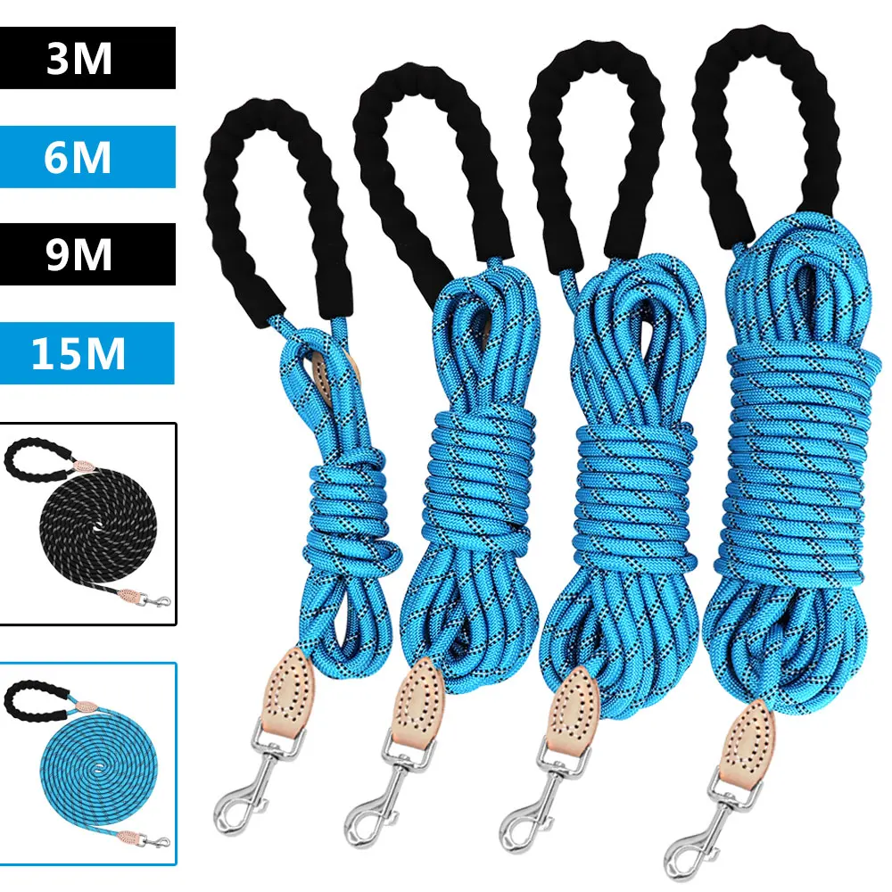 Long Durable Nylon Dog Leash Reflective Dog Lead Rope With Handle Pet Puppy Walking Leashes For Small Large Dogs Pug Blue 3M 15M